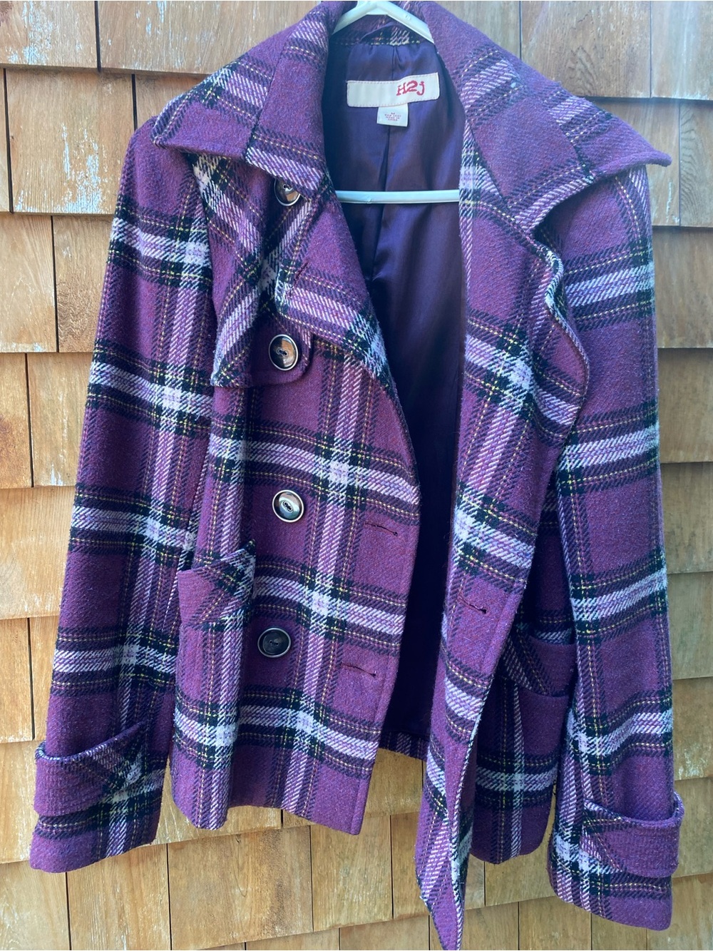 Women's Purple Plaid Peacoat with Notch Collar